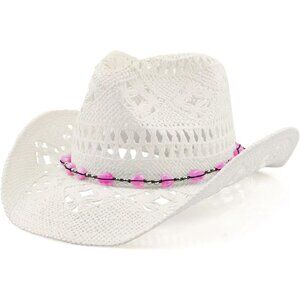 Women's Straw Wide with Shapeable Brim Cowboy Cowgirl Hatband Hat White + Pink